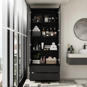 Mueble moderno de cuatro estantes y dos cajones de lino para baño con puertas ligeras de vidrio templado - Product Image 2