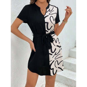 Vestido de satén con cinturón, estampado bicolor, cuello en V y manga corta para mujer, 36559 - Negro - Product Image 4