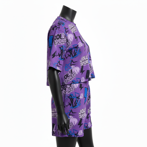 Ensemble short et t-shirt en jersey de coton violet pour femme, tissu doux et respirant, logo personnalisé par sublimation, 100% coton, crop top et short - Product Image 2