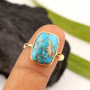 Best Selling 925 Sterling Silver Women's Eternity Vermeil <b>Ring</b> 10x14mm <b>Cushion</b> Blue Copper Turquoise 18K Gold Bezel Setting - Product Image 6