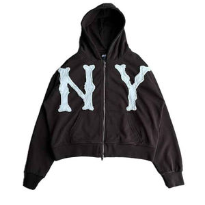 Custom Zip up apliques desgastado bordado parche ácido lavado sudaderas con capucha Streetwear Sudadera con capucha de gran tamaño Mujer Sudadera con capucha - Product Image 3