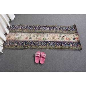 Tapis Vintage en Laine Turque de 19X48 Pieds, Tissage Plat Patchwork Bleu et Beige pour Décorations de Salon, Support en Latex - Product Image 5