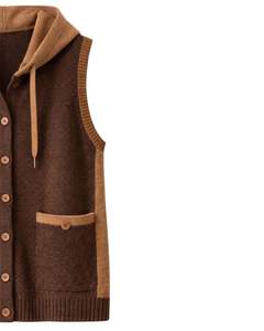 Manufacturer Brown <b>Hooded</b> Knitted Sweater Vest Wool Acrylic Sleeveless Button Front Winter <b>Cardigan</b> With Pockets OEM ODM - Product Image 4