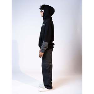 Sweat à capuche décontracté en molleton colorblock taille XL, délavé à l'acide avec impression sérigraphiée pour l'automne et l'hiver - Product Image 1