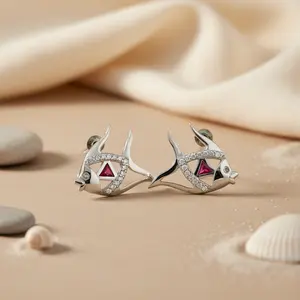 Boucles d'oreilles clous pour femme en forme de poisson argenté avec pierres de rubis, améthyste et topaze taille poire, en or 14K/18K, style mignon et charmant - Product Image 3