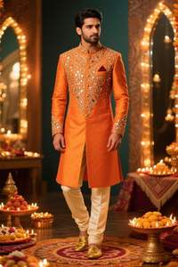 2025@<b>Men's</b> Customized Orange Sherwani & white Pant with Golden <b>shoe</b> with Embellished Crystal Glass Beads, Dabka Stone Hand <b>work</b> - Product Image 2