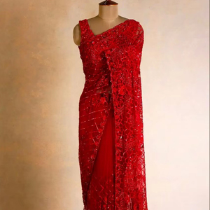 Màu Đỏ Ấn Độ Thiết Kế Tinh Khiết Mềm <span class=keywords><strong>Net</strong></span> Saree, Đẹp Thêu Làm Việc Và Trình Tự Làm Việc Biên Giới Cho Đám Cưới Và Bên Mặc - Product Image 1