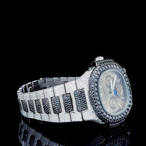 Reloj de Cuarzo Analógico de Lujo con Diamantes de Moissanita Negros y Blancos, Correa de Acero Inoxidable Personalizada - Product Image 3