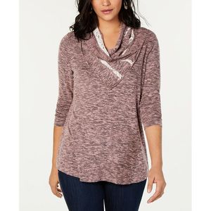 Top da Donna Style & Co con Collo Drappeggiato, Rosso XL, Motivo a Righe e Tinta Unita, in Lino Lavorato a Maglia, Stile Vintage per Primavera e Autunno - Product Image 1