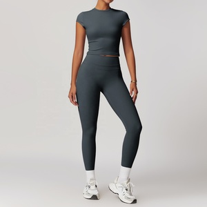 Seamless High Waist Full Length Leggings 2 Piece Set Scoop Neck Racerback Crop Top Solid Color Eco-Friendly Durable Yoga Set - Product Image 2