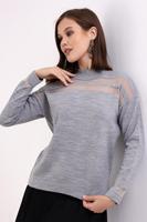 Pull à col roulé gris pour femme, manches longues, détails en dentelle, pull décontracté d'automne, 100% acrylique, tricot plat, couleur unie