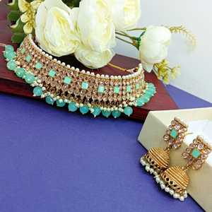Indian Choker Jewellery Antique Vintage Faux Pearl Wedding Crystal Kundan Bridal Necklace Jhumka Dangle <b>Earring</b> Set, Mint Color - Product Image 2