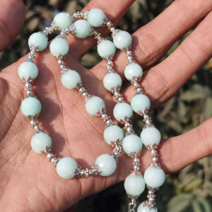 สร้อยคออะเมโซไนต์ ลูกปัดทรงรอนเดลขนาด 8 มม. อเมโซไนต์ธรรมชาติ สีฟ้าขาว สร้อยคอลูกปัด คริสตัลบำบัด ของขวัญสำหรับเธอ - Product Image 1