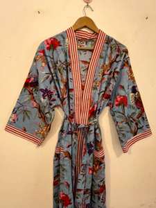 Bata Kimono de Algodón con Estampado de Pájaros, Estilo Boho, Vestido Largo - Product Image 4