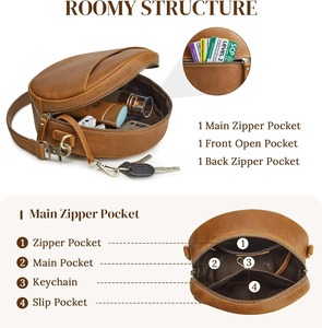 กระเป๋าสะพายข้างผู้หญิงหนังแว็กซ์สไตล์วินเทจสำหรับฤดูร้อน ดีไซน์เรขาคณิต มีหลายช่องใส่ของ ปิดด้วยซิป กันน้ำ - Product Image 5