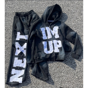 ชุดวอร์มขาบานสำหรับผู้ชายและผู้หญิงชุดฮู้ดล้างกรดมีซิปออกแบบได้ตามต้องการ - Product Image 1