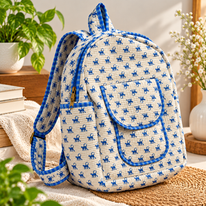 Mochila escolar de algodón acolchado con estampado azul, con bolsillo frontal redondeado y cierre de cremallera, para uso escolar, universitario, en el campus y para viajes. - Product Image 4