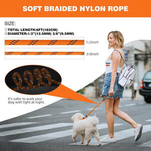 Laisse antidérapante pour chien Laisse réfléchissante Orange Heavy Duty No Pull Rope Leash Large Medium Small Dogs 1/2 inch x 6 ft Strong - Product Image 2