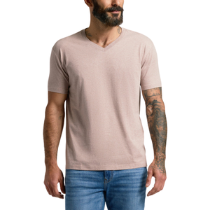 Camiseta de mezcla de algodón cómoda informal para hombre, 220 gramos, patrón sólido, diseño con cuello en V, tela de punto en blanco de poliéster/algodón - Product Image 1
