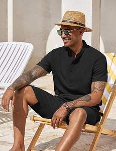 Men's 2 Pieces <b>Set</b> <b>Short</b> Sleeve Henley <b>Shirts</b> <b>and</b> <b>Shorts</b> Pants Texture Summer Beach Vacation Outfits - Product Image 1
