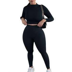 Ensemble de yoga pour femmes de haute qualité, léger, grande taille, en spandex/polyester, ensemble complet, haut court à manches longues, pantalon de sport - Product Image 2