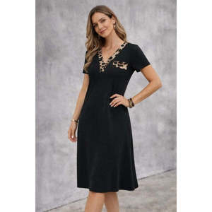 Women's Short-Sleeved V-Neck Midi <b>Viscose</b> <b>Dress</b> with Decorative Pocket Detail, 32847 - Product Image 2