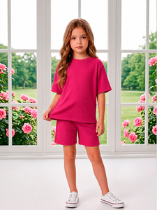 Set T-Shirt a Maniche Corte e Pantaloncini in Cotone Corduroy Grigio Eco-Friendly per Ragazze, Tinta Unita, Outfit Primavera Autunno - Product Image 4
