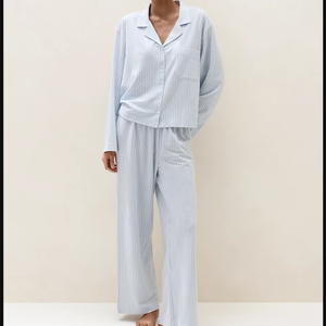 Conjunto de Pijama para Mujer <span class=keywords><strong>con</strong></span> Rayas Verticales Azul Claro, Cuello Camisero, Manga Larga, Pantalones Holgados, para el Hogar - Product Image 1