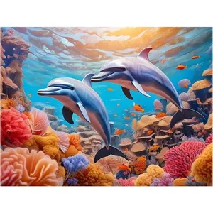 Delfines juguetones y peces de coral Ocean Tile Mural para cocina o baño Wall Backsplash - Product Image 1