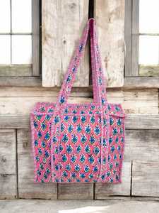 Handmade Block Printed Cotton Bag with Vibrant Pink Base Blue Floral Patterns Striped Trims Medium Weight Activewear Easy Wash - Product Image 3
