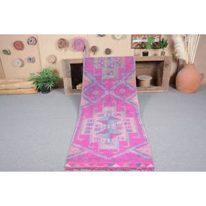 Tapis turc vintage 28 'X 10.7' écologique, tapis en laine à tissage plat rose et violet, support en Latex pour décor de salle à manger - Product Image 5
