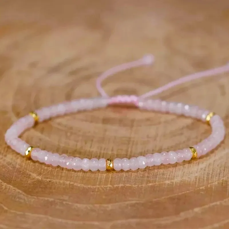 Natural 4mm Pink Gemstone Crystal Braided Bracelet Women, Spiritual Healing Quartz Stone Beaded Bracelet Jewelry Gift for Mom
