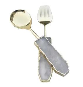 Ensemble de couverts à salade en laiton avec manche en résine bleue, vaisselle en acier inoxydable, couverts écologiques, lavables au lave-vaisselle - Product Image 2