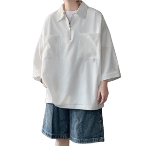 Camisetas básicas con cremallera y cuello de polo, ropa de manga informal de verano para hombre, polos empalmados con bolsillos elegantes coreanos de Color sólido - Product Image 5