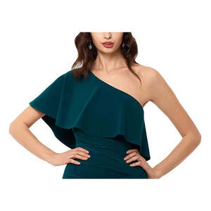 Abito da ballo monospalla in raso XSCAPE da donna con volant, lunghezza al pavimento, con tecniche all'uncinetto, taglia 12, verde medio - Product Image 2