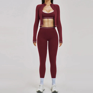 Custom Logo 3PCS <b>Yoga</b> Set Women Nylon Spandex Seamless High Waist Leggings Sports Bra <b>Jacket</b> Activewear Suit - Product Image 5