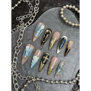 Uñas Postizas con Diseño de Jardín Azul Dorado, Elegante Diseño de Jardín con Acentos Azules Dorados - Product Image 4