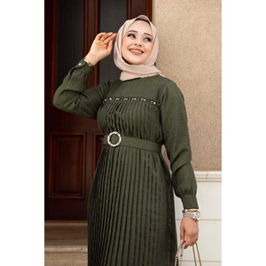 Robe Hijab plissée avec détails pierres Kaki - Product Image 3