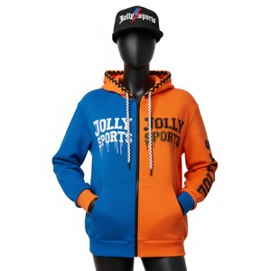 Sweat à capuche zippé pour femme en molleton épais 320 GSM, mélange de coton doux, panneau bleu orange, logo imprimé en caoutchouc personnalisé, fermeture éclair - Product Image 6