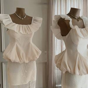 OEM ODM Elegant <b>White</b> Chiffon Ruffle Top & Lace Maxi <b>Skirt</b> Set for Women - Product Image 5