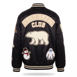 Blouson Bomber Oversize en Satin Unisexe Noir Crème avec Patch Brodé Ours Polaire en Chenille, Logo Personnalisé OEM - Product Image 2