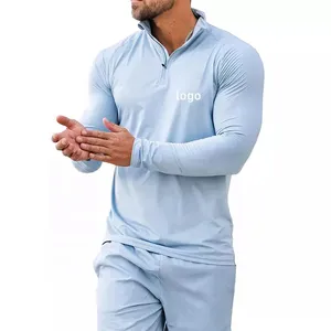 पुरुषों की लंबी आस्तीन जिम टी शर्ट स्पैन्डेक्स पॉलिएस्टर उच्च गुणवत्ता वाली टी शर्ट 1/4 जिपर आकस्मिक प्रशिक्षण जिम टी शर्ट