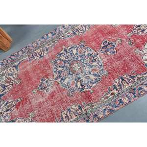 Alfombra turca Vintage de 3,6x6,6 pies, diseño de retazos rojo y azul, Material de lana, técnica de tejido plano de látex para decoraciones de sala de estar - Product Image 5