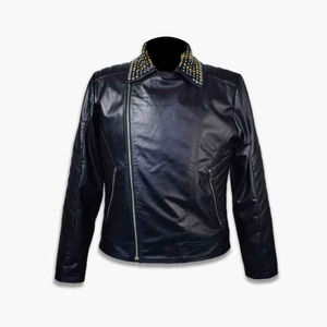 2025 chaquetas de cuero suave personalizadas Punk tachonado en el cuello chaqueta de cuero negro Biker Rock chaqueta de moda para hombres - Product Image 4