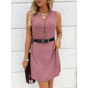 Ensemble deux pièces tunique et short en viscose à bretelles et col en V avec fente latérale pour femme, 35616 - Rose - Product Image 5