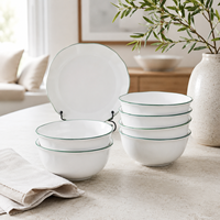 Ensemble de vaisselle en porcelaine de luxe avec logo personnalisé, assiettes et bols, ligne verte ondulée, céramique blanche vernissée, pour supermarchés et commerces de détail