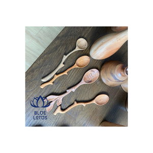 Juegos de cucharas de madera antiadherentes con forma de hoja grabada con mango corto/largo y estilos personalizados para Loto Azul al por mayor - Product Image 4