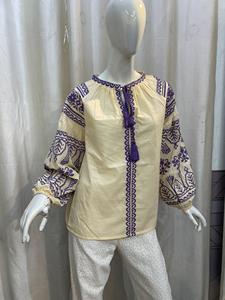 Blusa informal de manga corta con cuello en V Vintage para mujer azul UKrien algodón popelina ODM suministro Primavera Verano Otoño Invierno - Product Image 2