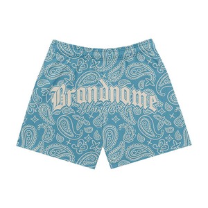 Shorts deportivos de malla de poliéster transpirable de 150 GSM para mujer, color negro y morado, con diseño de logotipo personalizado por sublimación. - Product Image 5
