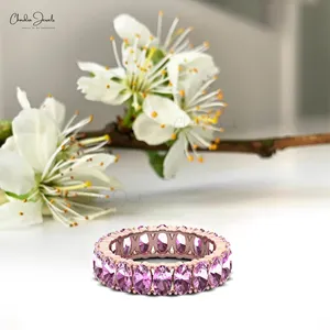 Gran oferta 5.50TCW genuino zafiro Rosa apilable banda anillo 14K oro sólido corte ovalado eternidad anillo al por mayor joyería personalizada